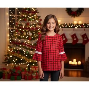 J, Khaki Big Girls Shirt Size Large Boho Lace Red Black Blouse Casual Shirt